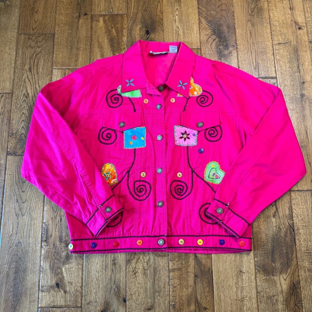 VTG New Direction Womens XL Pink Denim Embroidered Button Patch Jacket